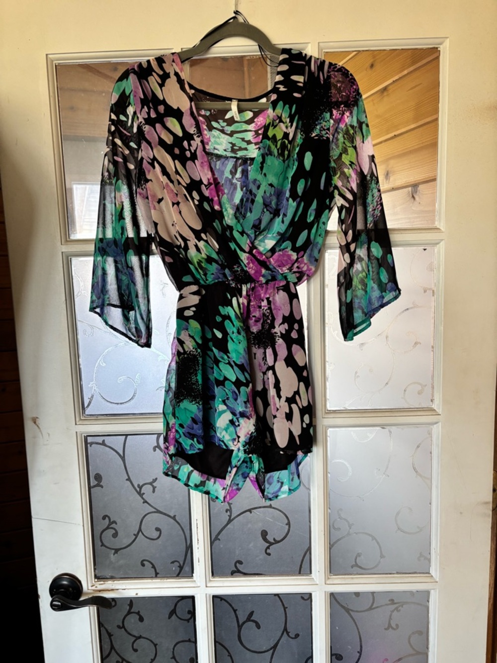 Sage Black Romper with Teal, Purple & White Watercolor Print